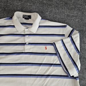Polo Ralph Lauren Polo Shirt Mens 2XL White Blue Striped Golf Fit Classic Logo